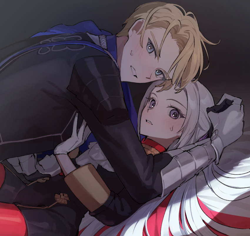 1boy 1girl arm_guards armored_gloves blonde_hair blue_capelet blue_eyes blush boy_on_top cape capelet clenched_teeth commentary_request couple dark_room dimitri_alexandre_blaiddyd edelgard_von_hresvelg embarrassed fire_emblem fire_emblem:_three_houses from_side garreg_mach_monastery_uniform gloves hair_between_eyes hand_on_another&#039;s_chest hetero highres ikaikakka indoors leaning_forward long_hair long_sleeves looking_at_viewer looking_to_the_side lying nintendo on_back parted_bangs parted_lips pink_lips purple_eyes red_cape shade short_hair sweatdrop teeth white_gloves white_hair wide-eyed