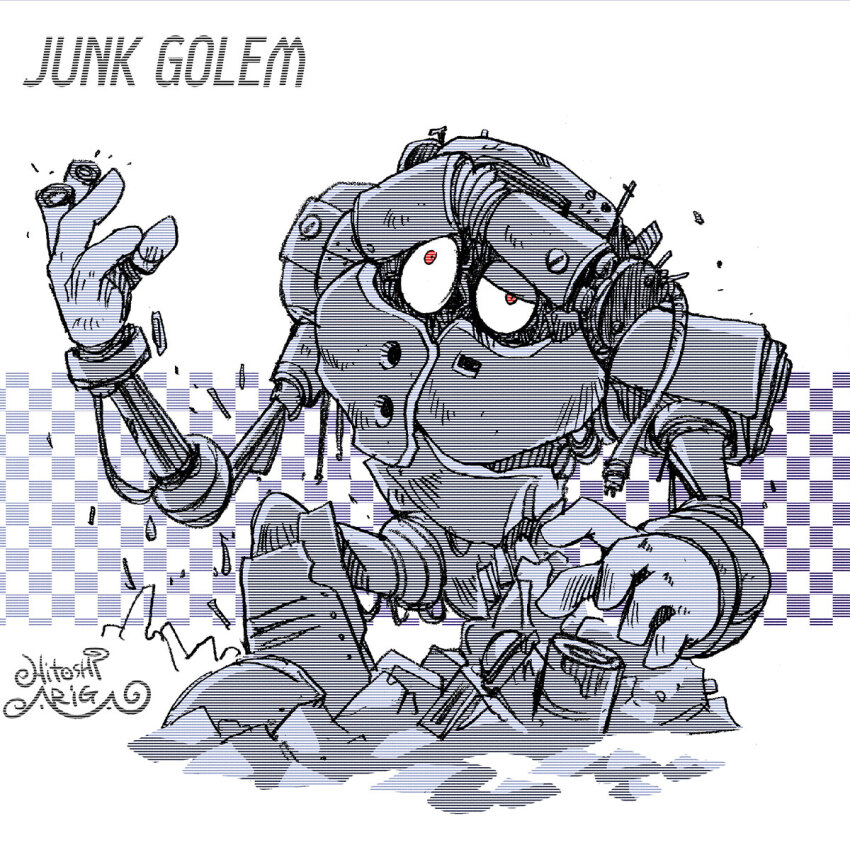 1boy ariga_hitoshi armor artist_name boots cable character_name checkered_background commentary_request concept_art cut_finger damaged full_body gloves golem gradient_background grey_armor grey_background grey_boots grey_gloves greyscale hand_up highres humanoid_robot industrial_pipe junk junk_golem_(mega_man) knee_boots looking_up male_focus mechabare mega_man_(classic) mega_man_(series) mega_man_3 mega_man_megamix monochrome no_humans red_eyes robot scanlines screw signature simple_background solo spot_color squatting trash uneven_eyes white_background