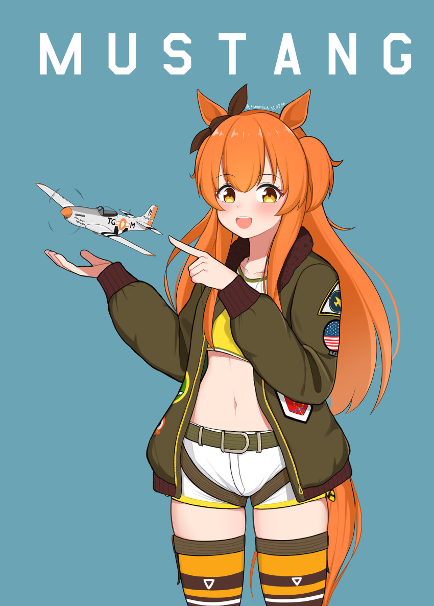 1girl aircraft airplane american_flag animal_ears artist_name atamonica blush dated escort_fighter highres horse_ears horse_girl looking_at_viewer mayano_top_gun_(umamusume) military military_vehicle navel open_mouth orange_hair p-51_mustang pointing propeller_fighter shorts tail thighhighs umamusume