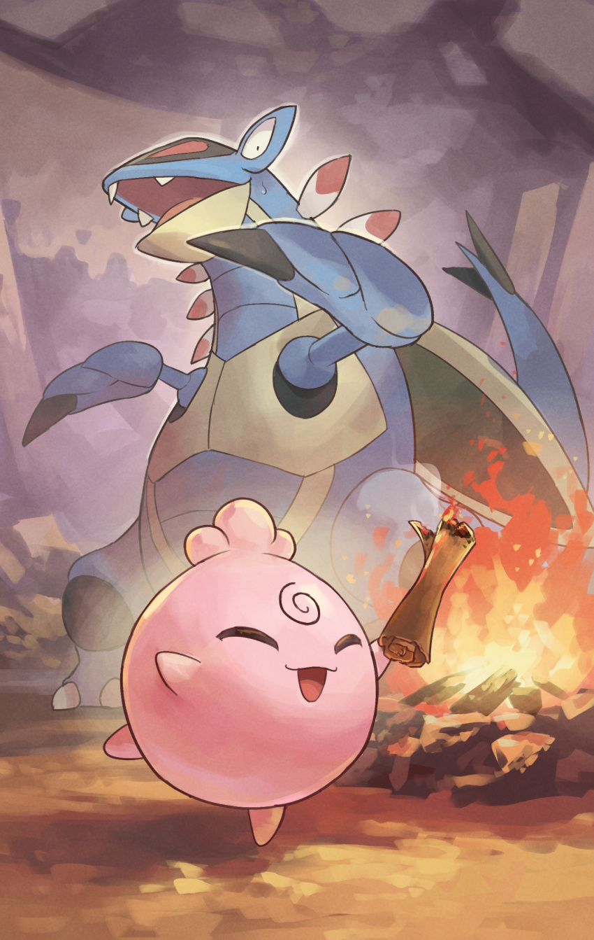 :d ^_^ armaldo bonfire closed_eyes colored_skin commentary_request fire gen_2_pokemon gen_3_pokemon highres holding holding_scroll igglybuff nintendo no_humans open_mouth pink_skin pokemon pokemon_(creature) pokemon_mystery_dungeon pokemon_mystery_dungeon:_explorers_of_time/darkness/sky scroll sharp_teeth smile standing standing_on_one_leg sweat tail teeth yamaori_(hakkentai_pokedan)