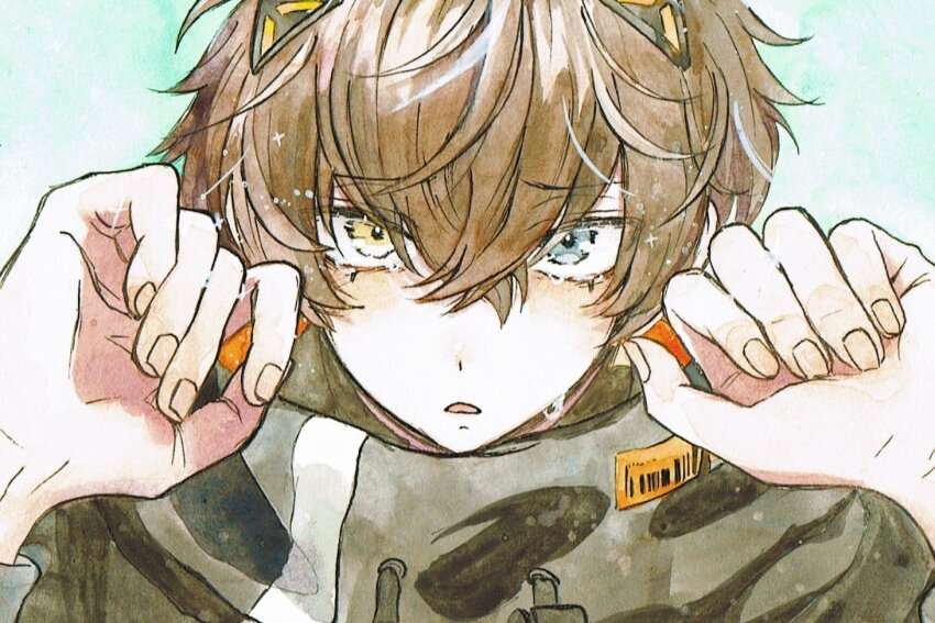 1boy alban_knox alban_knox_(1st_costume) arms_up black_jacket blue_eyes brown_hair commentary crossed_bangs dot_nose drawstring english_commentary fingernails hair_behind_ear heterochromia jacket looking_at_viewer male_focus nijisanji nijisanji_en open_mouth parted_lips solo upper_body virtual_youtuber yellow_eyes ywnwjp4fgos9njn