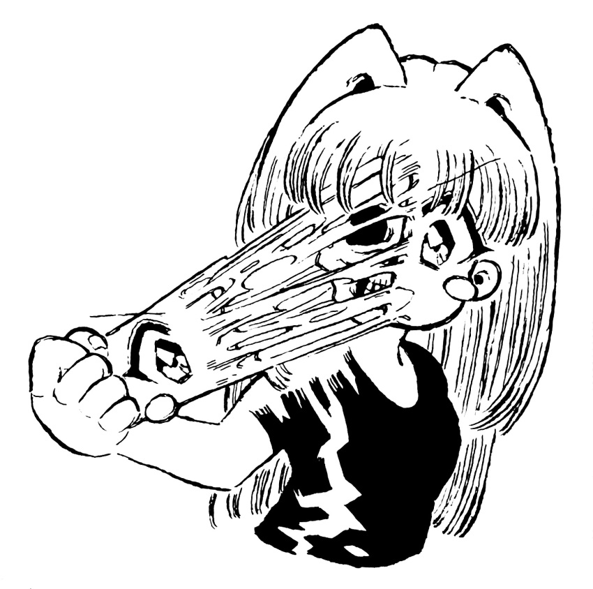 15ooo 1girl blush_stickers deformed fingernails guro hair_intakes highres long_hair open_mouth original self-harm shirt skull smile solo t-shirt teeth v-shaped_eyebrows