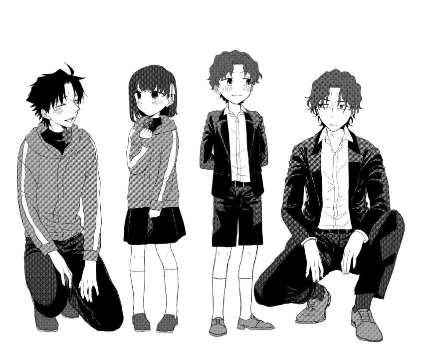 1girl 3boys aged_down ahoge brother_and_sister brothers child cosplay fate/zero fate_(series) father_and_son formal_clothes greyscale hair_ribbon long_hair matou_byakuya matou_byakuya_(cosplay) matou_kariya matou_kariya_(cosplay) matou_kariya_(original_appearance) matou_sakura matou_sakura_(fate/zero) matou_shinji monochrome multiple_boys ribbon ronpaxronpa short_hair shorts siblings skirt suit sweater turtleneck uncle_and_niece