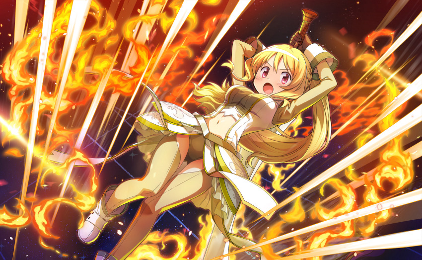 1girl arms_up artist_request black_gloves blonde_hair boots braid buttons clothing_cutout dress embers fighting_stance fire fleur-de-lis floating floating_clothes floating_hair frilled_dress frills full_body game_cg gloves green_leotard green_pantyhose green_sleeves hair_between_eyes highres holding holding_behind_back holding_sword holding_weapon holding_weapon_behind_back huge_weapon leotard light_particles long_hair long_sleeves magia_record:_mahou_shoujo_madoka_magica_gaiden magical_girl mahou_shoujo_madoka_magica mahou_shoujo_madoka_magica_magia_exedra navel official_art open_mouth pantyhose pink_eyes ponytail short_dress side_braid solo space sparkle stomach_cutout sword tareme thigh_cutout third-party_source togame_momoko v-shaped_eyebrows very_long_hair weapon white_boots white_dress white_sleeve_cuffs