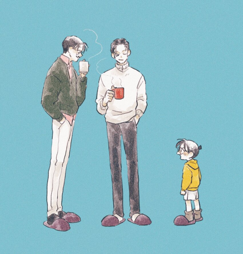 3boys akai_shuuichi blue_background cup edogawa_conan facial_hair father_and_son full_body glasses hand_in_pocket highres holding holding_cup kudou_yuusaku male_focus meitantei_conan multiple_boys mustache nanteiiyoru one_eye_closed profile simple_background slippers smile smoke sweatdrop