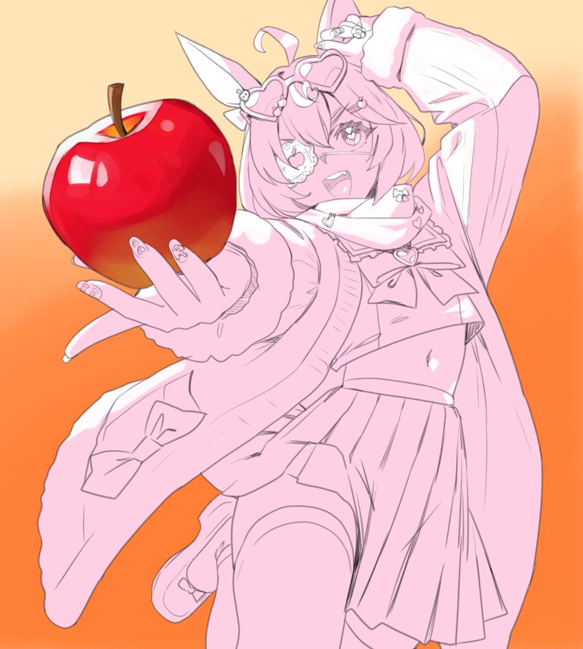 1girl :d absurdres ahoge animal_ears apple comely_material_morning_(horse_race_tests) commentary cowboy_shot english_commentary fang fingernails food frilled_eyepatch fruit gradient_background heart heart-shaped_eyewear heart-shaped_pupils highres holding holding_food holding_fruit horse_ears horse_girl horse_race_tests jacket leg_up midriff nail_art navel open_mouth pleated_skirt skirt smile solo symbol-shaped_pupils thernz thighhighs