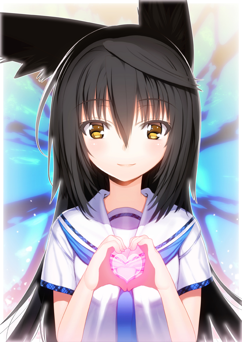 1girl animal_ears black_hair blush char female_focus fox_ears hair_between_eyes heart heart_hands highres long_hair looking_at_viewer necro-san original school_uniform smile solo yellow_eyes