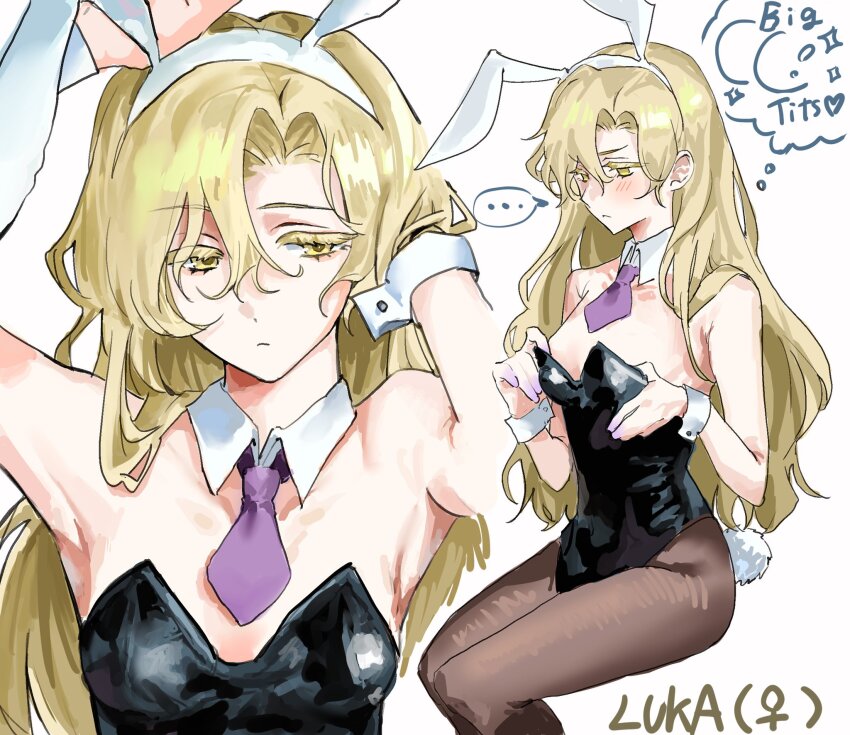 ... 1girl alien_stage alternate_costume animal_ear_hairband animal_ears bare_shoulders black_pantyhose blonde_hair breasts character_name collar colored_eyelashes commentary detached_collar fake_animal_ears genderswap genderswap_(mtf) hair_between_eyes hairband highres invisible_chair leotard long_hair luka_(alien_stage) multiple_views necktie pantyhose playboy_bunny purple_necktie rabbit_ears rabbit_tail short_necktie sitting speech_bubble spoken_ellipsis strapless strapless_leotard tail thought_bubble venus_symbol very_long_hair white_collar white_wrist_cuffs wrist_cuffs x_x_(batttsu_404) yellow_eyes