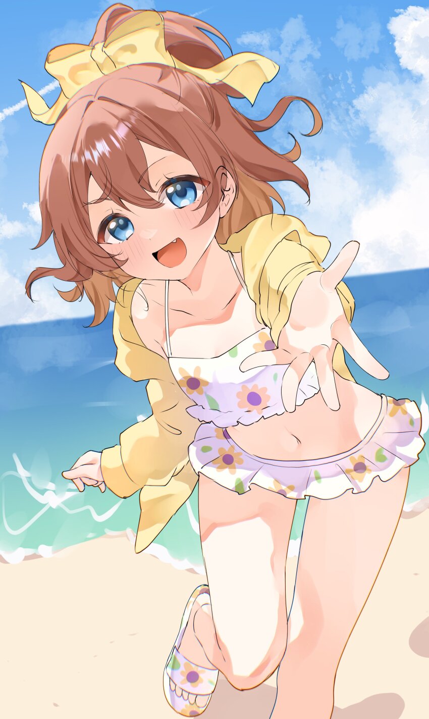 1girl :d absurdres beach bikini bikini_skirt blue_eyes blue_sky blush bow brown_hair cloud collarbone day fang floral_print hair_between_eyes hair_bow highres hinata_chinatsu hood horizon jacket long_hair looking_at_viewer navel ocean one-hour_drawing_challenge ongeki open_mouth outdoors ponytail sand sandals sky smile solo standing standing_on_one_leg swimsuit taktalfine virtual_youtuber water
