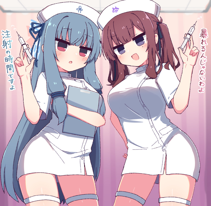 2girls :d :o black_ribbon blue_hair blue_ribbon blunt_bangs blush breasts brown_hair buttons cevio clipboard cowboy_shot dated_commentary dress hair_ribbon hand_on_own_hip hand_up hat hibino_000 highres holding holding_clipboard holding_syringe kotonoha_aoi large_breasts long_hair looking_at_viewer multiple_girls natsuki_karin nurse nurse_cap open_mouth parted_bangs purple_eyes red_eyes ribbon short_dress short_hair short_sleeves sidelocks smile synthesizer_v syringe translation_request two_side_up voiceroid white_dress white_hat