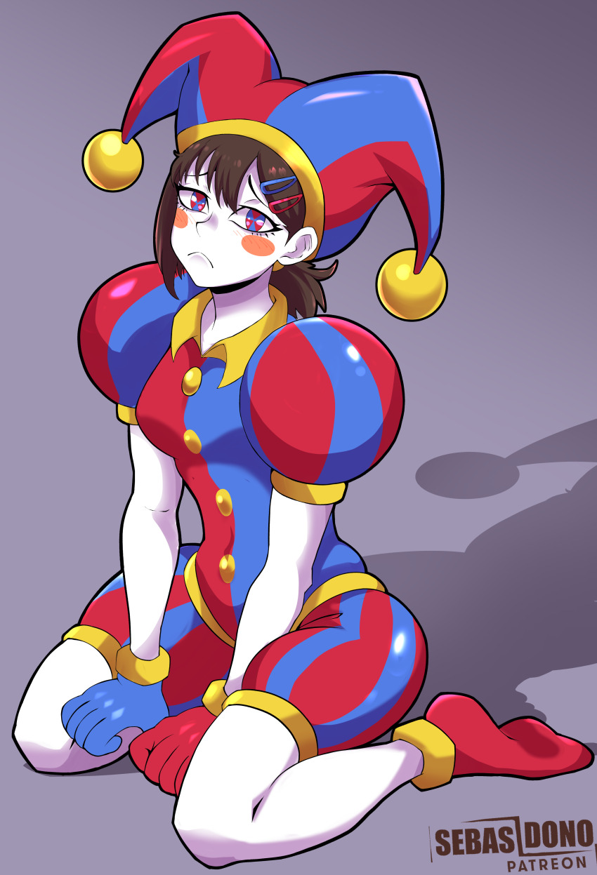 1girl absurdres asymmetrical_gloves blue_gloves blush_stickers bodypaint breasts brown_hair chainsaw_man commentary_request cosplay gloves hair_ornament hairclip hat higashiyama_kobeni highres jester jester_cap looking_at_viewer medium_breasts mismatched_gloves pomni_(the_amazing_digital_circus) pomni_(the_amazing_digital_circus)_(cosplay) puffy_short_sleeves puffy_sleeves purple_background red_gloves red_socks sebasdono short_sleeves shorts simple_background sitting socks solo the_amazing_digital_circus wariza