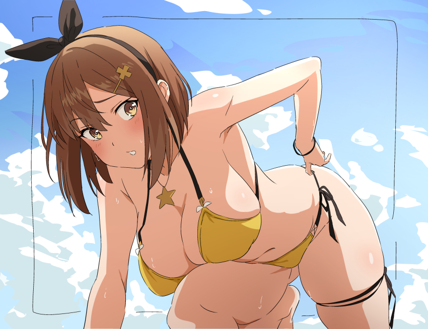 1girl adjusting_clothes all_fours atelier_(series) atelier_ryza atelier_ryza_1 barefoot bent_over bikini blue_sky bracelet breasts brown_eyes brown_hair cloud commentary_request cross_hair_ornament day hair_between_eyes hair_ornament hair_ribbon hairclip hatenoga highres jewelry large_breasts looking_at_viewer navel necklace outdoors parted_lips reisalin_stout ribbon short_hair side-tie_bikini_bottom sky solo star_(symbol) star_necklace swimsuit thigh_strap yellow_bikini