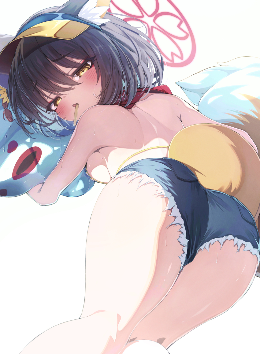1girl animal_ears ass ass_focus back bikini black_hair blue_archive blue_shorts blush breasts commentary_request denim denim_shorts fang flower fox_ears fox_girl fox_tail from_behind hair_between_eyes hair_flower hair_ornament halo highres hugging_doll hugging_object izuna_(blue_archive) izuna_(swimsuit)_(blue_archive) kneepits looking_at_viewer looking_back lying medium_breasts official_alternate_costume on_stomach open_mouth pink_halo red_scarf scarf sho_me_1853 short_hair short_shorts shorts simple_background skin_fang solo striped_bikini striped_clothes stuffed_fox stuffed_toy sunflower sunflower_hair_ornament sweat swimsuit tail thighs visor_cap white_background yellow_eyes yellow_tail