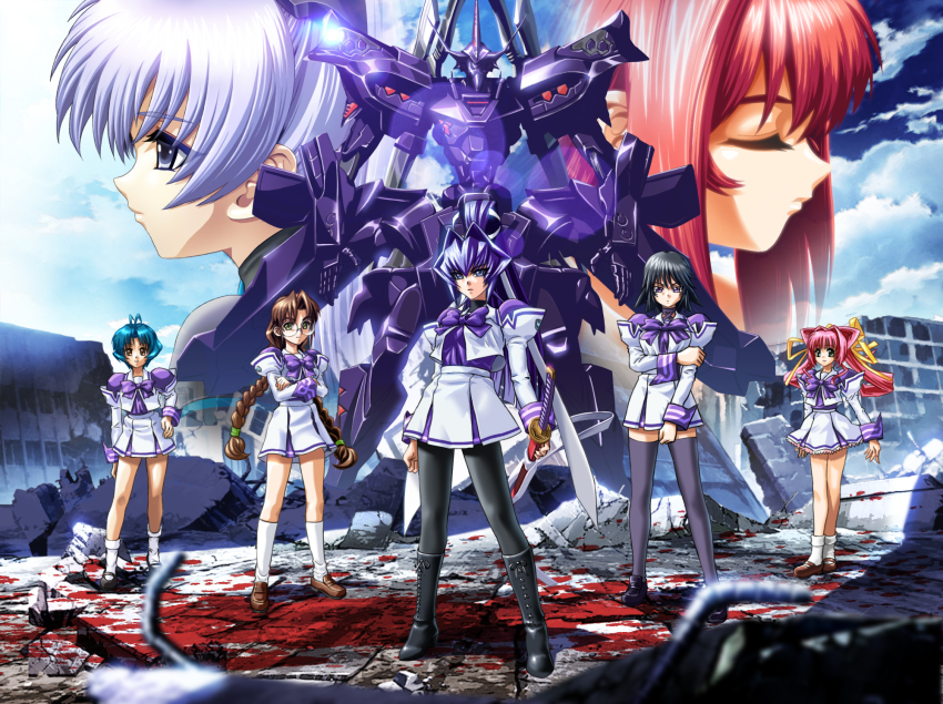 antenna_hair ayamine_kei black_footwear black_hair black_legwear blood boots bow braid breasts brown_footwear brown_hair commentary crossed_arms glasses green_eyes grey_eyes hair_ears hakuryou_high_school_uniform highres holding_own_arm kagami_sumika lens_flare long_hair looking_ahead looking_at_viewer mecha medium_breasts mitsurugi_meiya muv-luv muv-luv_alternative pantyhose pink_hair popgun_(22882502) purple_bow robot round_eyewear ruins sakaki_chizuru school_uniform science_fiction short_hair silver_hair skirt standing tactical_surface_fighter tamase_miki thighhighs twin_braids twintails type_00_takemikazuchi very_long_hair white_skirt yashiro_kasumi yoroi_mikoto