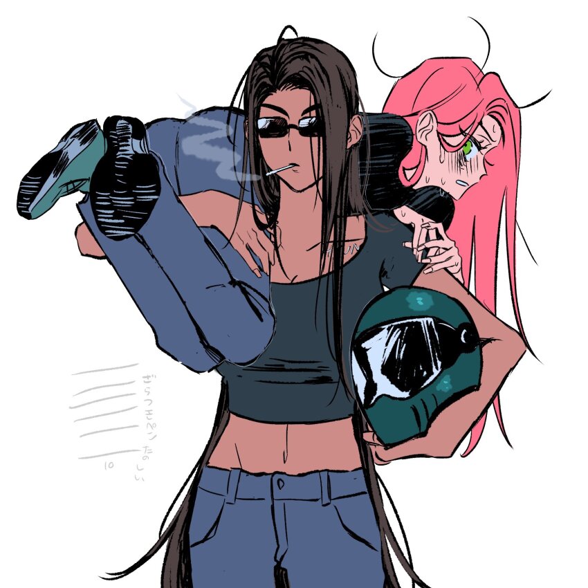 2girls alien_stage black_shirt brown_hair carrying carrying_over_shoulder carrying_person chinese_text cigarette crop_top dark-skinned_female dark_skin green_hair green_shoes grey_pants helmet highres holding holding_helmet hyuna_(alien_stage) kyon_(zmwh8222) long_hair midriff mizi_(alien_stage) mouth_hold multiple_girls pants pink_hair shirt shoes short_sleeves simplified_chinese_text smoke sunglasses sweat translation_request very_long_hair white_background