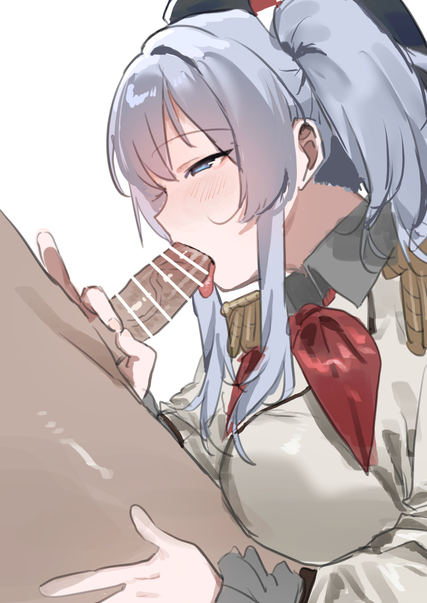 1boy 1girl absurdres bar_censor beret blue_eyes blue_hat censored clothed_female_nude_male commentary_request fellatio grey_hair handjob hat hetero highres kantai_collection kashima_(kancolle) looking_at_viewer military_hat military_uniform nude oral penis puffy_sleeves shishamo_(domado) tongue tongue_out two_side_up