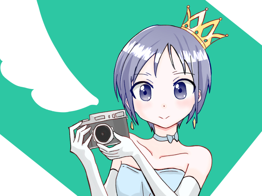 1girl aoi_illust_2077 bare_shoulders blue_choker blue_dress blue_eyes blush camera choker closed_mouth collarbone crown dot_nose dress earrings feet_out_of_frame female_focus holding holding_camera jewelry kurosaki_honoka looking_at_viewer smile solo standing upper_body wing yama_no_susume
