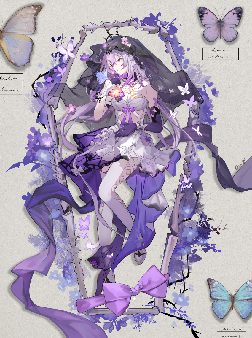1girl absurdres asymmetrical_gloves asymmetrical_legwear bare_shoulders black_tiara black_veil bright_pupils bug butterfly castorice_(honkai:_star_rail) dress elbow_gloves full_body gloves grey_background grey_hair hand_up highres honkai:_star_rail honkai_(series) insect issign looking_to_the_side pantyhose pointy_ears purple_eyes purple_gloves purple_hair simple_background thighhighs tiara uneven_gloves uneven_legwear veil white_dress white_pantyhose white_pupils white_thighhighs