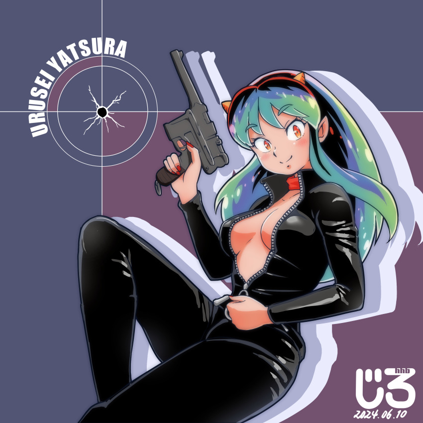 1girl absurdres biker_clothes bikesuit bodysuit breasts cleavage green_hair gun handgun highres holding holding_gun holding_weapon horns jirohhb looking_at_viewer lum mauser_c96 medium_breasts no_bra oni smile solo unzipping urusei_yatsura weapon yellow_eyes