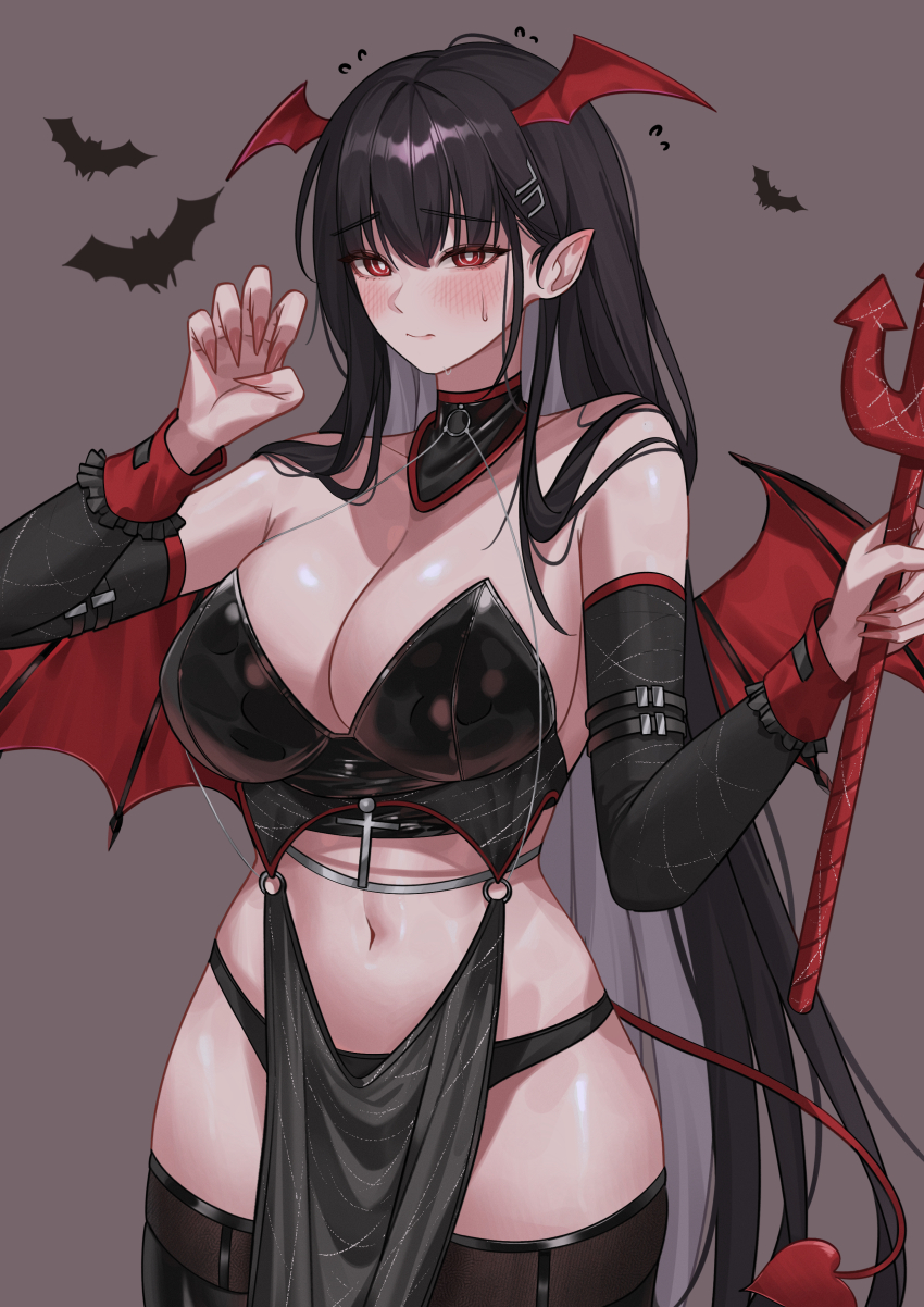 1girl absurdres alternate_costume bandeau bare_shoulders black_bandeau black_hair black_panties black_sleeves black_thighhighs blue_archive blush breasts bright_pupils claw_pose cleavage closed_mouth collarbone commentary cowboy_shot cross demon_tail demon_wings detached_sleeves fingernails flying_sweatdrops hair_between_eyes hair_ornament hairclip halloween halloween_costume highres holding holding_polearm holding_weapon katrinabluuuuu large_breasts long_fingernails long_hair looking_at_viewer midriff navel panties pointy_ears polearm red_eyes ringed_eyes rio_(blue_archive) sidelocks simple_background simple_bat skindentation solo sweat tail thighhighs trident underwear very_long_hair weapon white_pupils wings
