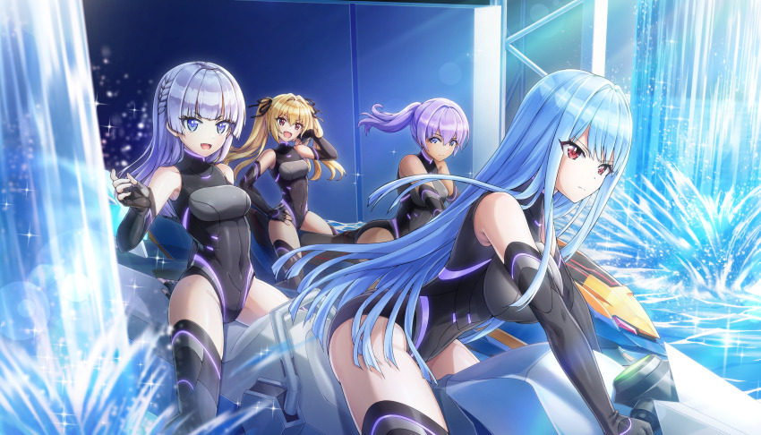 4girls bikini black_wetsuit blonde_hair blue_eyes blue_hair braid breasts day dolphin_wave elbow_gloves fingerless_gloves framed_breasts frown game_cg gloves hand_on_own_hip highres jet_ski kazami_ellen kazami_uniform large_breasts layered_bikini long_hair medium_hair multiple_girls nayuki_hiori neon_trim non-web_source official_art on_jet_ski ootomo_takuji open_mouth ponytail purple_hair red_eyes schnee_weissberg serious single_braid small_breasts smile souma_hayate sunlight swimsuit thighhighs twintails water watercraft waterfall