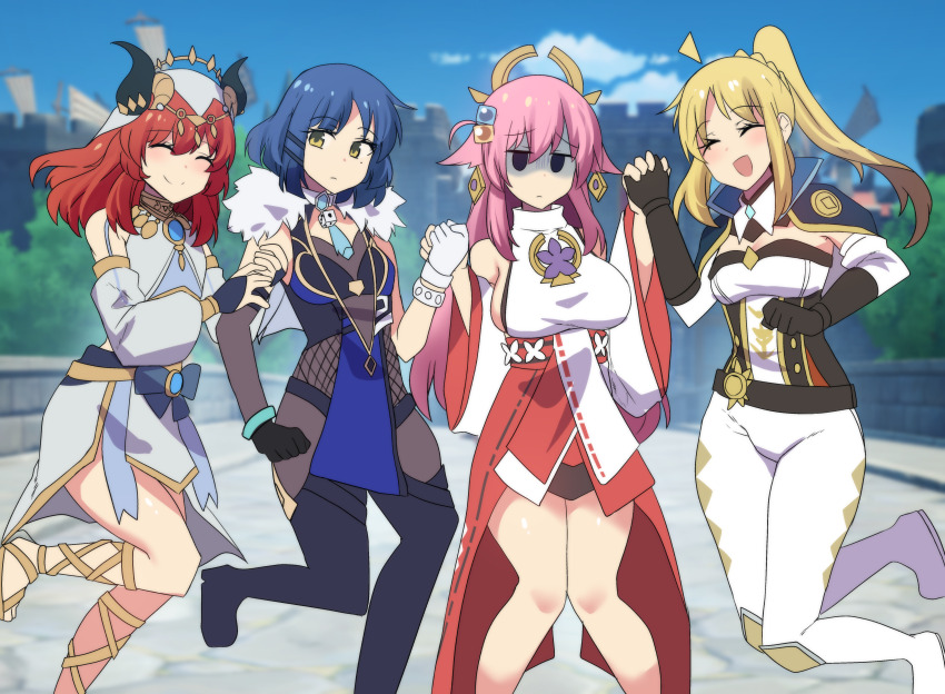 4girls ^_^ absurdres bare_shoulders blonde_hair blue_hair bocchi_the_rock! breasts capelet closed_eyes closed_mouth cosplay fake_horns genshin_impact gloves gotoh_hitori hair_ornament hand_grab highres hinghoi horns ijichi_nijika japanese_clothes jean_(genshin_impact) jean_(genshin_impact)_(cosplay) kita_ikuyo large_breasts long_hair medium_breasts miko mole mole_under_eye multiple_girls nilou_(genshin_impact) nilou_(genshin_impact)_(cosplay) open_mouth pink_hair ponytail red_hair small_breasts smile turn_pale yae_miko yae_miko_(cosplay) yamada_ryo yelan_(genshin_impact) yelan_(genshin_impact)_(cosplay) yellow_eyes