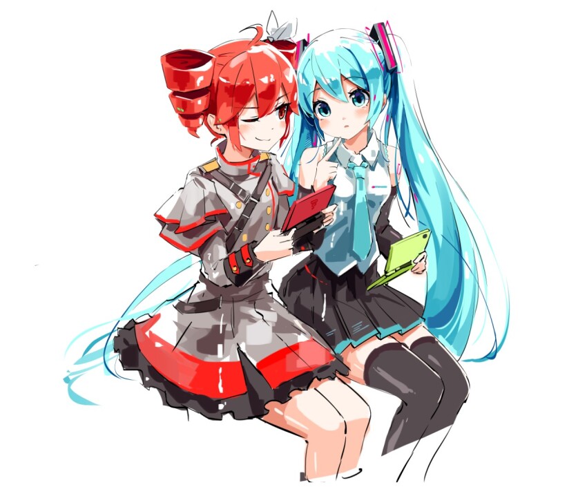 2girls ahoge belt black_belt black_sleeve_cuffs black_sleeves black_thighhighs blue_eyes blue_hair blue_necktie blush bow buttons detached_sleeves double-breasted double-parted_bangs drill_hair flat_chest grey_hair grey_skirt hair_between_eyes hair_bow handheld_game_console hands_up hatsune_miku holding holding_handheld_game_console index_finger_raised invisible_chair kasane_teto kasane_teto_(sv) layered_skirt layered_sleeves long_sleeves mp777b multiple_girls necktie nintendo_ds one_eye_closed pleated_skirt red_eyes red_hair red_skirt red_trim shirt shoulder_belt shoulder_boards simple_background sitting skirt skirt_set sleeveless sleeveless_shirt synthesizer_v thighhighs twin_drills twintails utau vocaloid white_background white_bow white_shirt zettai_ryouiki