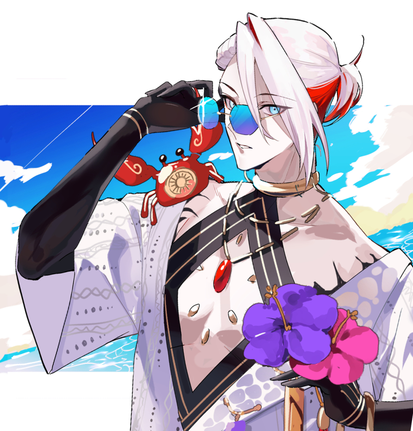 1boy adjusting_eyewear blue-tinted_eyewear blue_eyes chest_jewel cloud crab fate/grand_order fate_(series) flower gold_choker gold_necklace hair_between_eyes hibiscus highres holding holding_flower jewelry karna_(fate) karna_(summer_outfit)_(fate) lan_monocha male_focus multicolored_hair necklace official_alternate_costume official_alternate_hairstyle pale_skin red_hair shirt sky solo sunglasses tinted_eyewear two-tone_hair white_hair white_shirt