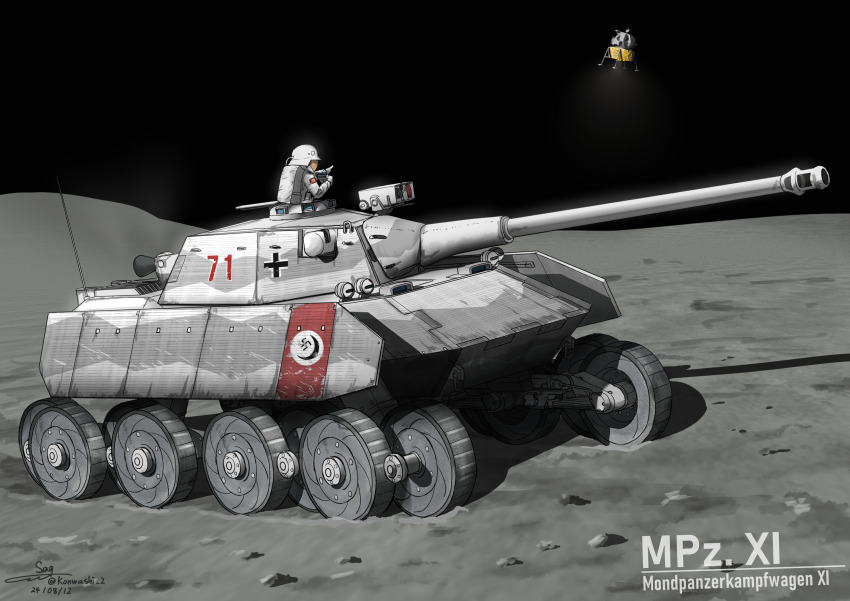 1other absurdres alternate_universe apollo_lunar_module artist_name astronaut balkenkreuz combat_helmet commentary_request cross dated german_text helmet highres military_vehicle motor_vehicle muzzle_device nazi on_moon original science_fiction signature solo space stahlhelm swastika tank teisei_misagi twitter_username