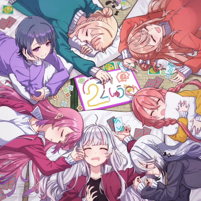 6+girls absurdres ahoge anniversary asymmetrical_bangs black_shirt black_track_suit blonde_hair blunt_bangs bow braid card closed_eyes colored_pencil commentary_request crossed_bangs double-parted_bangs double_bun drawing_(object) drooling fang from_above futon green_track_suit grey_hair hair_bow hair_bun highres hugging_object idios igarashi_rika ishigami_nozomi jacket kaburaki_roco koshimizu_toru kuramochi_meruto long_hair mouth_drool multicolored_hair multiple_girls nail_polish nijisanji open_clothes open_jacket open_mouth orange_hair pencil pillow pillow_hug pink_hair pink_track_suit purple_eyes purple_hair purple_track_suit red_track_suit shirt shishido_akari short_hair single_side_bun skin_fang sleeping sleepover sophia_valentine spoon_(tamakakama) streaked_hair tatami track_suit twin_braids twintails virtual_youtuber white_shirt yellow_track_suit