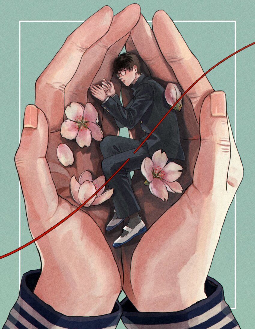 1boy black_hair black_jacket black_pants blush bud closed_mouth commentary_request female_pov fingernails flower from_above gakuran glasses green_background half-closed_eyes hetero highres in_palm jacket looking_at_viewer lying male_focus mini_person miniboy on_side original out_of_frame own_hands_together pants pink_flower pov school_uniform shoes sirokomamaru size_difference solo_focus string string_of_fate uwabaki white_footwear