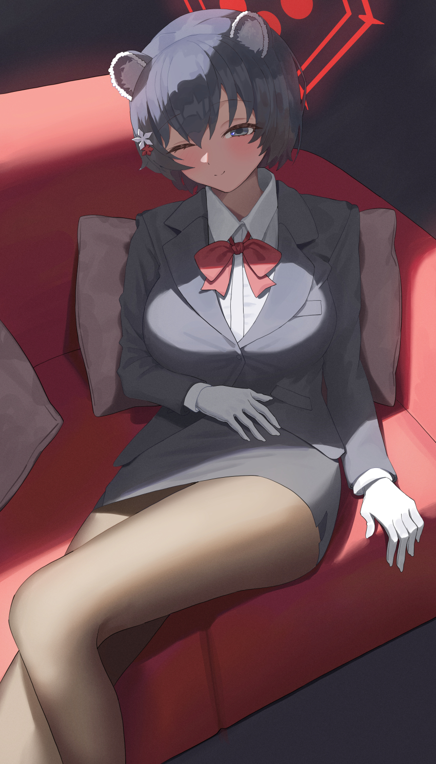 1girl absurdres animal_ears black_hair blue_archive bow bowtie breasts couch flag formal_clothes gloves halo highres ichinisan326 large_breasts official_alternate_costume on_couch one_eye_closed pencil_skirt raccoon_ears raccoon_girl red_bow red_bowtie red_halo sitting skirt solo suit tour_guide tsubaki_(blue_archive) tsubaki_(guide)_(blue_archive) white_gloves
