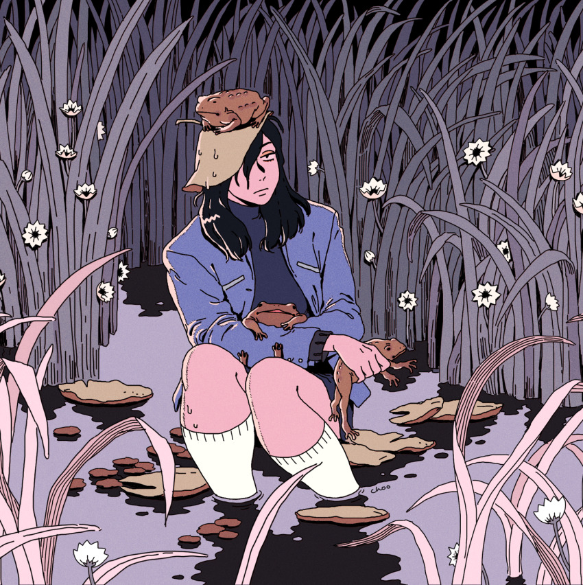 1girl animal animal_on_arm animal_on_head black_eyes black_hair blazer blue_dress blue_jacket choo closed_mouth commentary dress english_commentary exhausted flat_color flower frog frog_on_head frown grass grey_background hair_over_one_eye high_collar highres holding holding_animal holding_frog jacket leaf leaf_on_head lily_pad long_hair long_sleeves looking_at_viewer on_head open_clothes open_jacket original outdoors plant soaking_feet socks solo squatting tall_grass toad_(animal) wet wet_hair white_flower white_socks