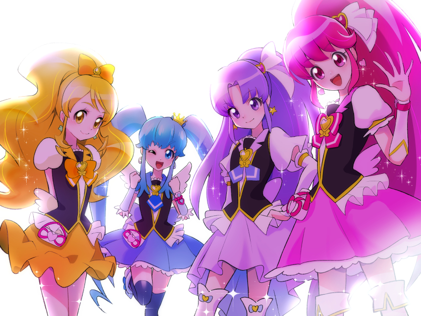 4girls absurdres aino_megumi arm_warmers black_vest blonde_hair blue_eyes blue_hair blue_necktie blue_skirt blue_thighhighs blush boots bow bowtie closed_mouth clover_earrings crown cure_fortune cure_honey cure_lovely cure_princess earrings emine_mutsu hair_bow hair_ornament happinesscharge_precure! heart heart_earrings heart_hair_ornament high_heel_boots high_heels highres hikawa_iona jewelry long_hair magical_girl mini_crown multiple_girls neck_ribbon necktie one_eye_closed oomori_yuuko open_mouth orange_bow orange_bowtie pink_bow pink_bowtie pink_eyes pink_hair pink_skirt pleated_skirt ponytail precure puffy_short_sleeves puffy_sleeves purple_eyes purple_hair purple_ribbon purple_skirt ribbon shirayuki_hime shirt short_sleeves skirt smile star_(symbol) star_earrings thighhighs twintails very_long_hair vest waving white_footwear white_shirt white_thighhighs yellow_eyes yellow_skirt