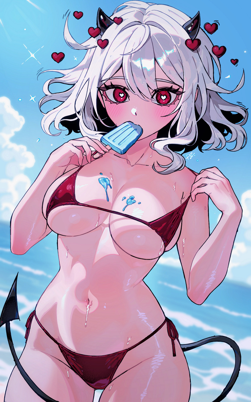 1girl bikini black_tail blue_sky blush breasts cloud cloudy_sky commentary demon_girl demon_horns demon_tail english_commentary food hair_between_eyes heart heart-shaped_pupils helltaker highres holding holding_food holding_popsicle horns large_breasts looking_at_viewer melting_popsicle modeus_(helltaker) navel paulandcookie popsicle red_bikini red_eyes short_hair side-tie_bikini_bottom skindentation sky solo sparkle swimsuit symbol-shaped_pupils tail wet white_hair