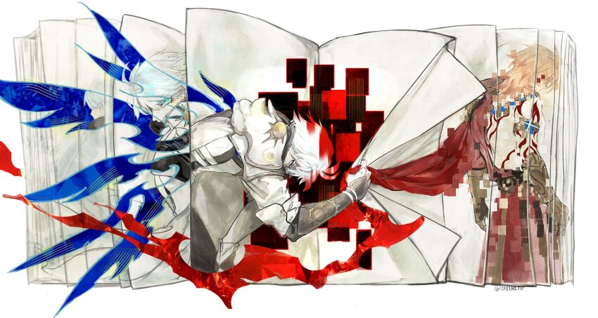 2boys absurdres antenna_hair armor asymmetrical_wings back_tattoo bare_back bent_over blonde_hair blue_eyes blue_wings book clenched_hand clothes_grab coat commentary corruption from_behind gold_armor head_down highres honkai:_star_rail honkai_(series) ifiihito looking_down male_focus medium_hair multiple_boys mydei_(honkai:_star_rail) open_book phainon_(honkai:_star_rail) pixelated pulling_another&#039;s_clothes red_tattoo short_hair side_cape tattoo turning_page white_background white_coat white_hair wings