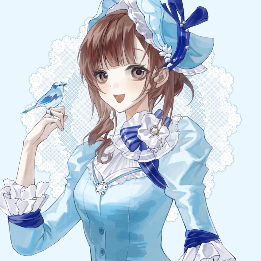 1girl :d bird bird_on_hand blue_background blue_bird blue_dress blue_hat bonnet brown_eyes brown_hair dress hand_up hat highres juliet_sleeves long_sleeves looking_at_viewer open_mouth puffy_sleeves reverse:1999 satsuki_(reverse:1999) short_hair smile solo upper_body xiyiji_li_you_zhi