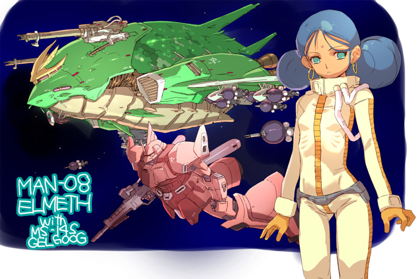 1girl beam_cannon beam_rifle bit_(gundam) blue_hair bodysuit breasts character_name commentary_request double_bun earrings elmeth energy_gun gelgoog_s_char_custom green_eyes gundam hair_bun hoop_earrings jewelry lalah_sune mamecchi mecha mobile_suit_gundam robot skin_tight small_breasts space weapon