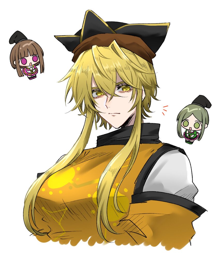 3girls alternate_hairstyle blonde_hair brown_hair closed_mouth detached_sleeves dress expressionless green_dress green_eyes green_hair hair_between_eyes hat highres long_sidelocks looking_at_viewer matara_okina multiple_girls nap_muntarou nishida_satono open_mouth pink_dress purple_eyes shirt sidelocks teireida_mai touhou upper_body white_background white_shirt yellow_eyes yellow_tabard
