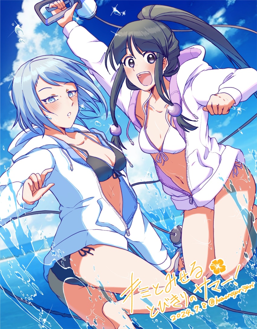 2girls ace_attorney ass bikini black_hair blue_eyes blush franziska_von_karma hamanoguriguri highres holding holding_whip maya_fey mole mole_under_eye multiple_girls navel phoenix_wright:_ace_attorney_-_justice_for_all ponytail short_hair smile swimsuit water whip