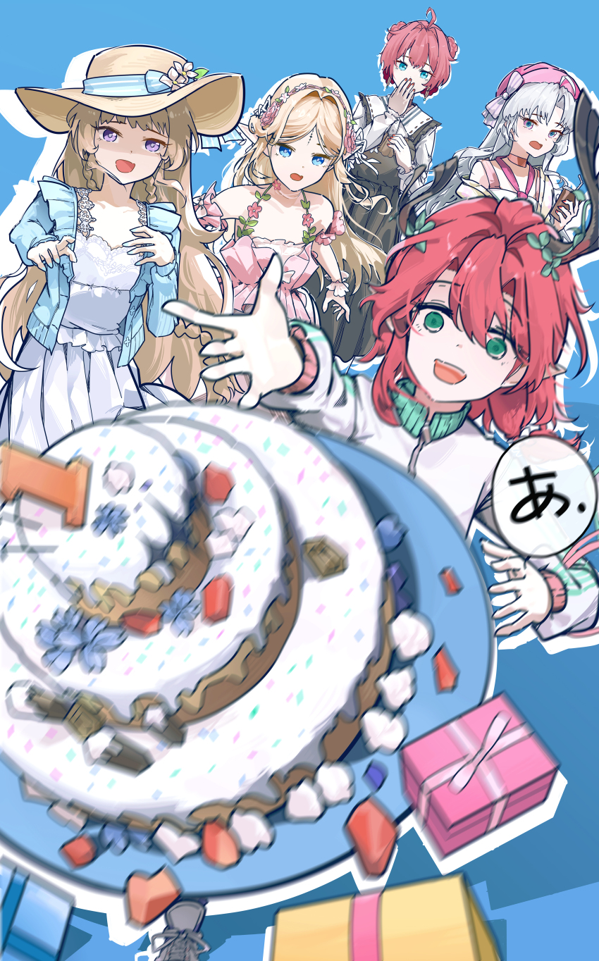 5girls absurdres alternate_costume bare_shoulders black_dress blonde_hair blue_background blue_eyes blue_jacket box cake carlotta_(wuthering_waves) cartethyia_(wuthering_waves) ciaccona_(wuthering_waves) commentary covering_own_mouth cup danjin_(wuthering_waves) dress english_commentary flower food gift gift_box green_eyes hair_flower hair_intakes hair_ornament hat highres holding holding_cup jacket long_hair motion_blur multiple_girls official_alternate_costume open_mouth parted_bangs phoebe_(wuthering_waves) pink_dress pink_hat purple_eyes red_hair ryeon_(naturesan) short_hair tacet_mark_(wuthering_waves) translation_request tree_horns white_dress wuthering_waves yellow_hat