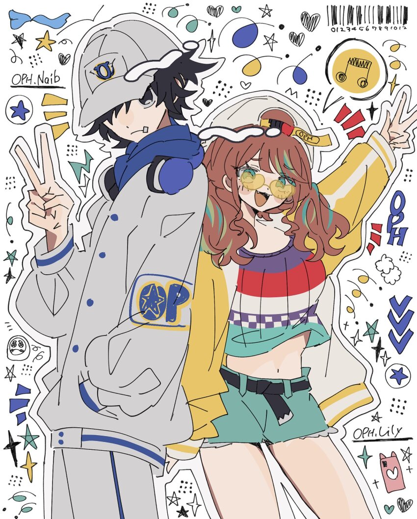 1boy 1girl :3 :d aqua_streaks baseball_cap black_eyes black_hair blue_eyes crop_top denim denim_shorts fangs green_streaks hat hat_over_one_eye heart heart-shaped_eyewear highres hood hood_down identity_v jacket jamingggggg lily_barriere lily_barriere_(oph.lily) multicolored_hair multicolored_jacket multicolored_shirt musical_note naib_subedar naib_subedar_(oph.naib) open_mouth shorts smile spoken_musical_note striped_blush tinted_eyewear two-tone_jacket v yellow-tinted_eyewear
