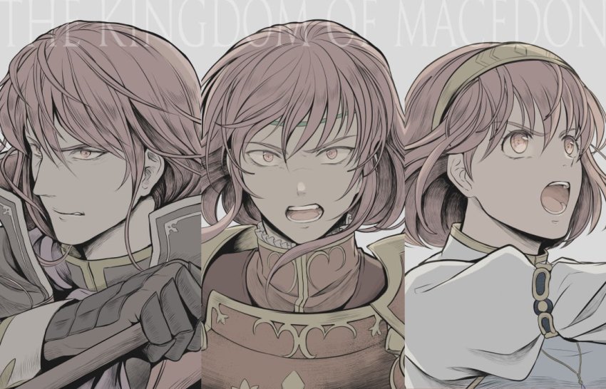 1boy 2girls armor artist_request brother_and_sister cape fire_emblem fire_emblem:_mystery_of_the_emblem fire_emblem_heroes gloves long_hair looking_at_viewer maria_(fire_emblem) minerva_(fire_emblem) misheil_(fire_emblem) multiple_girls nintendo open_mouth red_eyes red_hair short_hair siblings sisters weapon