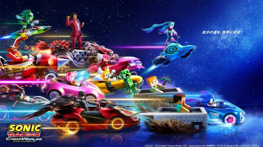 3girls 6+boys :d alex_(minecraft) amamiya_ren amy_rose blue_fur blue_hair bodysuit car commentary_request company_connection copyright_name copyright_notice creeper diva_macchina dr._eggman driving feathers flying from_side furry furry_female furry_male green_feathers hair_between_eyes hairband hatsune_miku hoverboard jacket jet_the_hawk joker_(persona_5) kasuga_ichiban knuckles_the_echidna logo looking_at_viewer minecart minecraft motor_vehicle multiple_boys multiple_girls night night_sky official_art open_clothes open_jacket open_mouth outstretched_arms persona persona_5 pickaxe pink_fur red_fur running ryuu_ga_gotoku_(series) sega shadow_the_hedgehog sky smile sonic_(series) sonic_racing:_crossworlds sonic_the_hedgehog sonic_the_hedgehog_official standing star_(sky) starry_sky steering_wheel steve_(minecraft) tail tails_(sonic) translation_request twintails two-tone_fur vocaloid white_fur yellow_fur