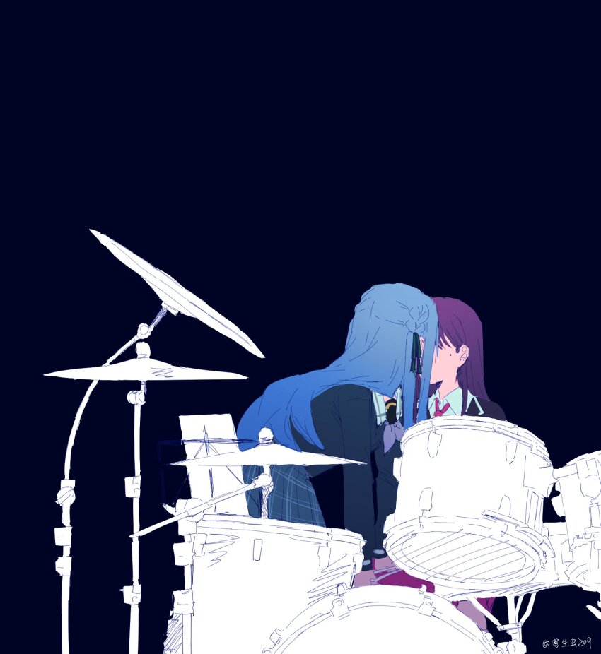2girls bang_dream! bang_dream!_it&#039;s_mygo!!!!! birthday1730225 black_jacket black_ribbon blue_background blue_hair blue_shirt blue_skirt commentary drum drum_set hair_ribbon haneoka_school_uniform highres instrument jacket kiss long_hair long_sleeves mole mole_under_eye multiple_girls necktie plaid_clothes plaid_skirt purple_hair purple_necktie purple_skirt ribbon school_uniform shiina_taki shirt sidelocks simple_background skirt togawa_sakiko tsukinomori_school_uniform yuri