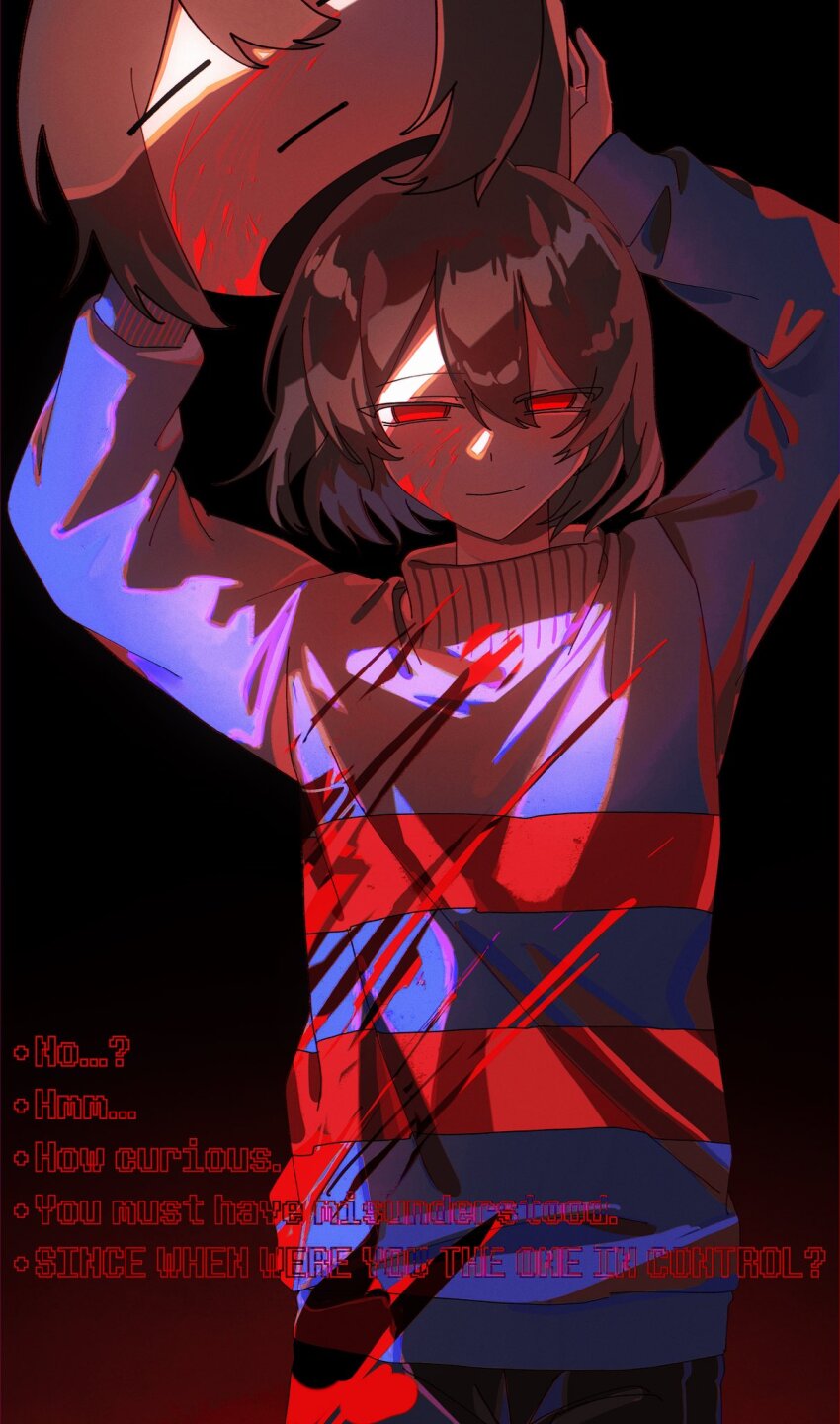 1other arms_up black_background black_pants blood blood_on_clothes blood_on_face blue_sweater bob_cut brown_hair caption choco_rabbitt closed_mouth commentary cowboy_shot double-parted_bangs empty_eyes english_commentary english_text frisk_(undertale) hair_between_eyes highres holding long_sleeves looking_at_viewer no_pupils pants puffy_long_sleeves puffy_sleeves red_eyes red_sweater short_hair simple_background smile solo standing straight-on striped_clothes striped_sweater sweater turtleneck turtleneck_sweater two-tone_sweater undertale unusually_open_eyes