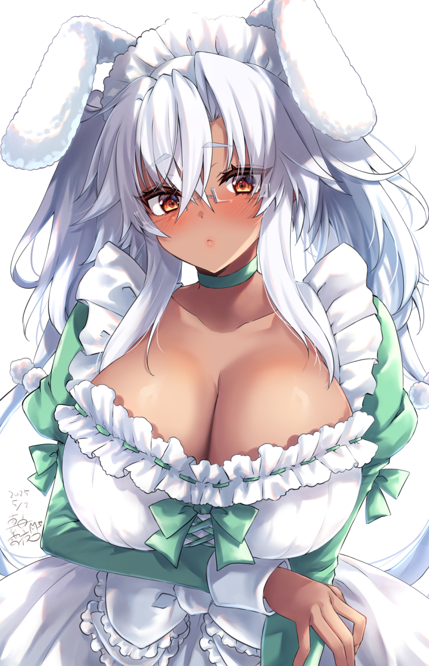 1girl alternate_costume animal_ears apron blush breasts brown_eyes choker cleavage dark-skinned_female dark_skin dated dress enmaided fake_animal_ears frills glasses green_choker green_dress grey_hair hair_between_eyes highres huge_breasts kantai_collection large_breasts long_hair looking_at_viewer maid maid_apron maid_headdress mashiro_yukiya musashi_(kancolle) musashi_kai_ni_(kancolle) rabbit_ears rectangular_eyewear red_eyes semi-rimless_eyewear signature solo upper_body white_apron