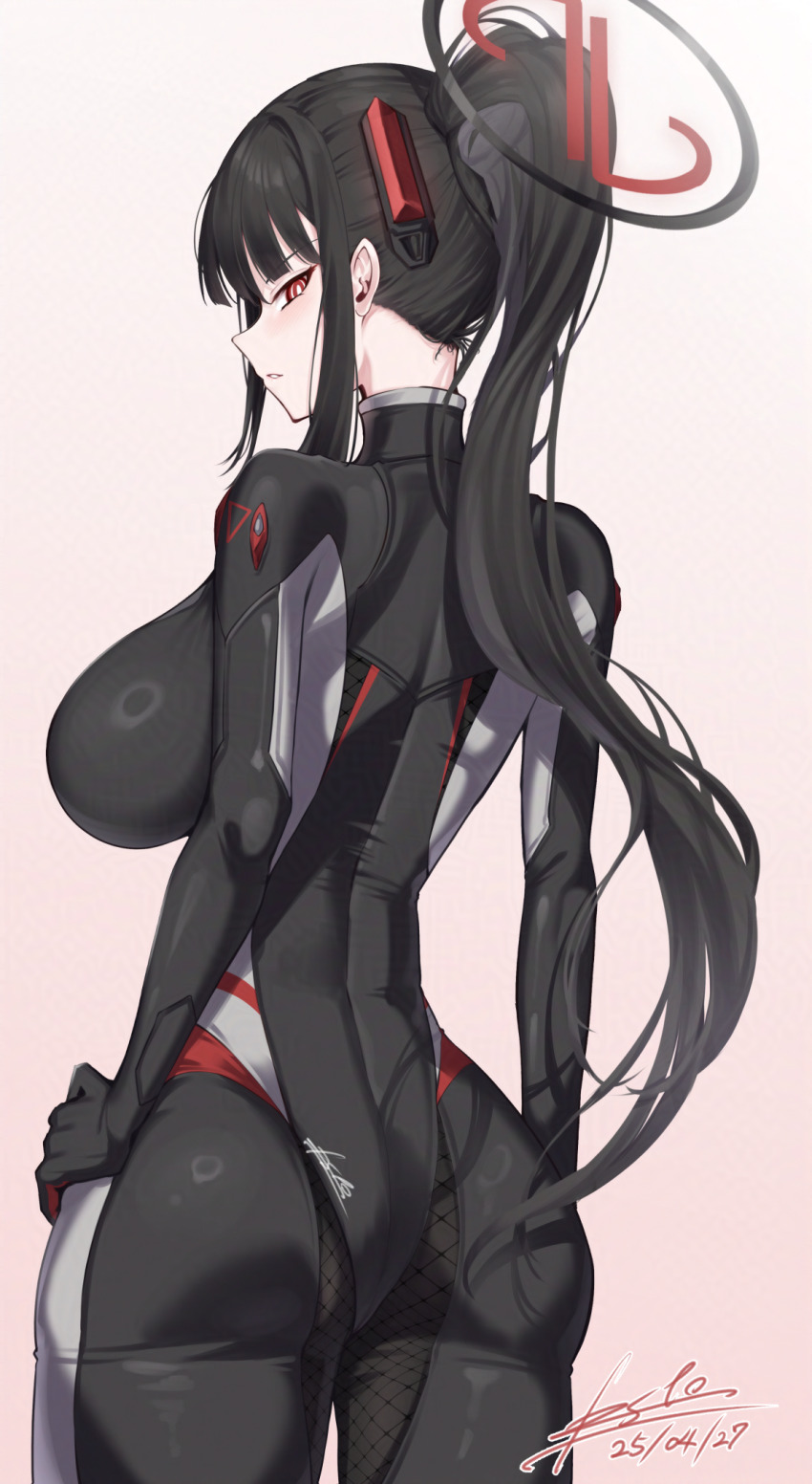 1girl artist_name ass black_bodysuit black_hair blue_archive blunt_bangs blush bodysuit breasts dated esto_0079 from_behind gradient_background halo highres large_breasts long_hair looking_at_viewer looking_back parted_lips ponytail red_eyes ringed_eyes rio_(blue_archive) rio_(bodysuit)_(blue_archive) sidelocks signature skin_tight solo