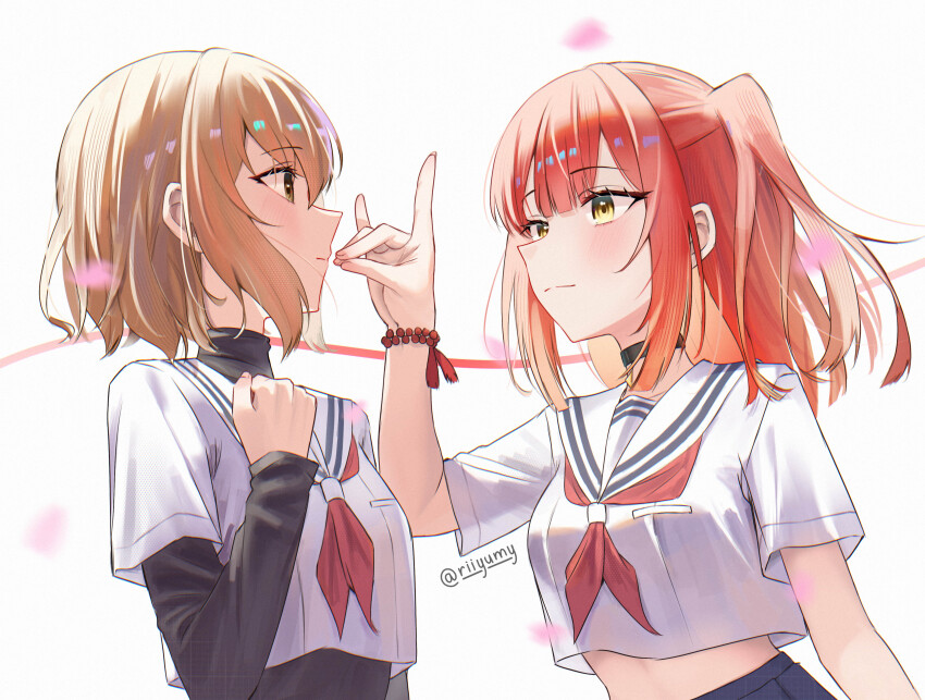 2girls absurdres black_choker blush bracelet brown_eyes brown_hair choker commentary english_commentary falling_petals fox_shadow_puppet highres jewelry layered_sleeves long_sleeves medium_hair multiple_girls neckerchief petals red_hair red_neckerchief riiyumy sailor_collar school_uniform serafuku shirt short_hair short_over_long_sleeves short_sleeves twitter_username two_side_up undershirt watashi_wo_tabetai_hitodenashi white_background white_sailor_collar white_shirt yaotose_hinako yashiro_miko yellow_eyes yuri