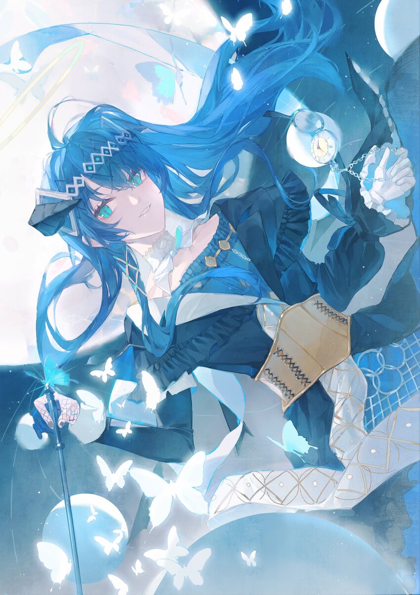 1girl absurdres ahoge ambience_synesthesia aqua_eyes arknights asymmetrical_dress asymmetrical_gloves asymmetrical_sleeves black_dress black_horns blue_dress blue_gloves blue_hair blue_ribbon brown_corset bug butterfly collar collarbone commentary_request corset demon_horns detached_collar diamond_hair_ornament dress dutch_angle floating_hair frilled_dress frilled_sleeves frills full_moon gloves hair_between_eyes hair_ornament halo hands_up highres holding_baton horns insect layered_dress long_hair long_sleeves looking_at_viewer luren_max mismatched_gloves mismatched_sleeves moon mostima_(arknights) mostima_(ethereal_harmony)_(arknights) pocket_watch ribbon smile solo teeth traditional_halo upper_body watch white_collar yellow_halo